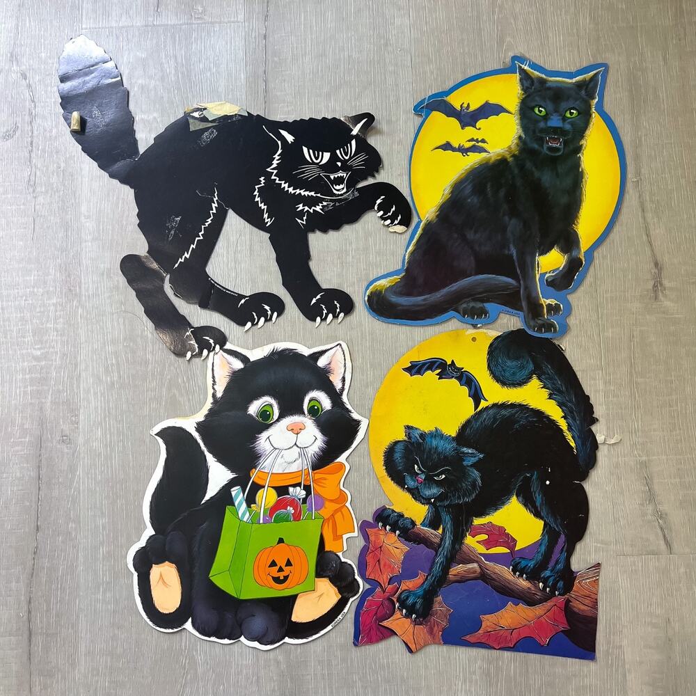 Lot of 4 Vintage Halloween Die Cuts EUREKA Black Cats Cute Scary